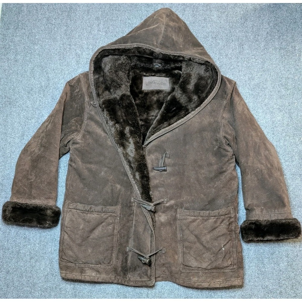 Vintage St. Johns Bay Brown Suede‎ Leather Hooded Coat Women's Large